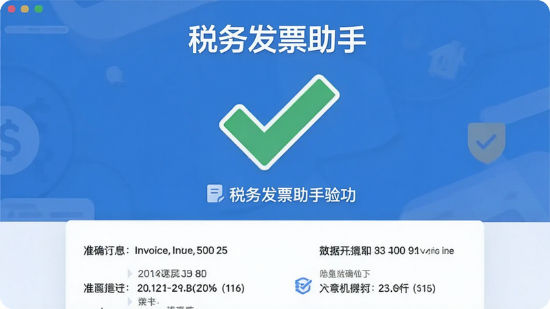 展示“税务发票助手”验证成功的界面,绿色大对勾醒目显示,下方列出发票详细信息,背景干净,强调信任感与准确性,扁平化风格,高清细节