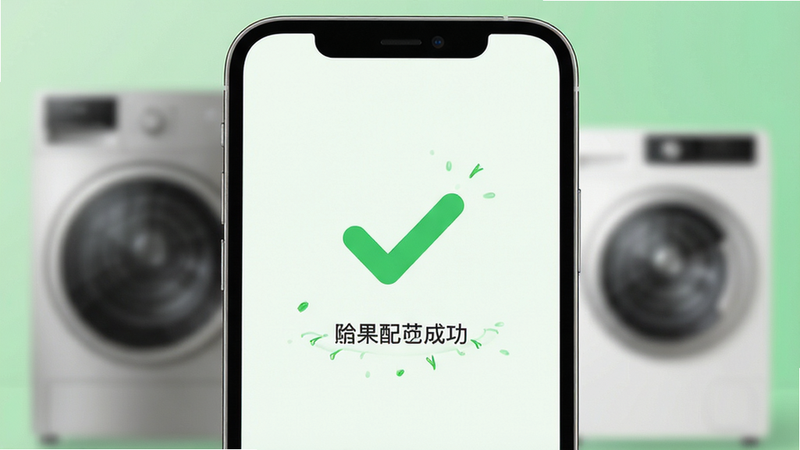 主体为手机屏幕,显示配对成功动画,绿色对勾图标,背景模糊的家电轮廓,布局居中,排版简洁,风格清新绿,细节生动,画质清晰,干净,无多余元素