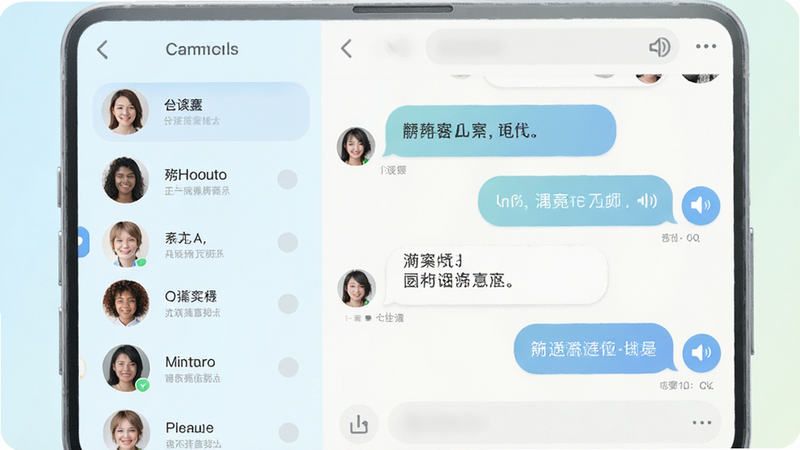 展示聊天界面的UI设计,左侧为头像列表,右侧为对话气泡,包含文字和语音图标,界面清新,字体易读,背景淡雅,细节处理细腻,高清质感,无水印