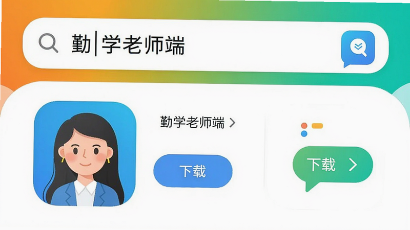 应用商店搜索界面图,搜索框输入“勤学老师端”,下方显示应用图标及“下载”按钮,界面现代,色彩明亮,排版整齐,高清渲染,无水印
