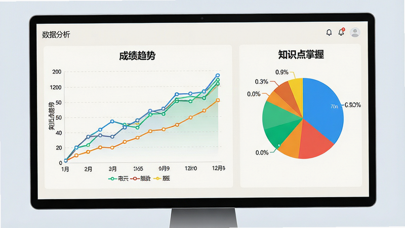 展示数据分析图表的界面,屏幕中央有折线图和饼图,标注“成绩趋势”、“知识点掌握”,背景为浅色,图表色彩鲜明,布局对称,细节丰富,4K分辨率,清晰锐利