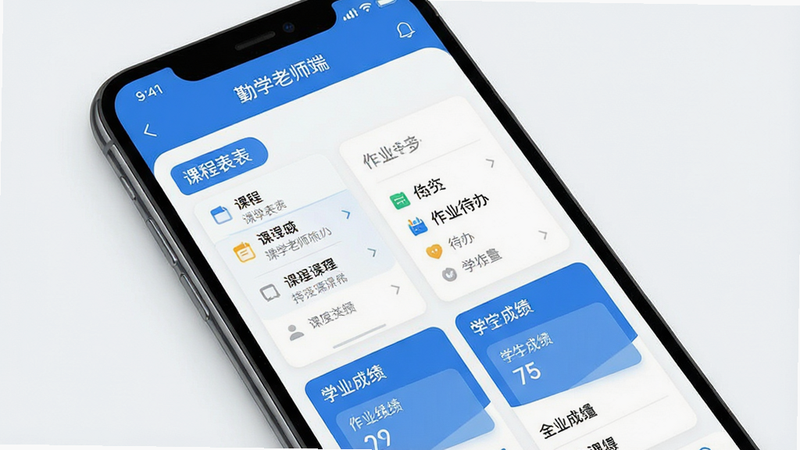 一张展示移动端教育应用界面的概念图,主体为一部智能手机,屏幕上显示“勤学老师端”APP首页,界面包含课程表、作业待办、学生成绩等模块,布局清晰,采用蓝白配色,扁平化设计风格,细节精致,高清画质,干净无多余元素
