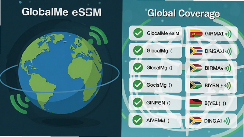 主体为 GlocalMe eSIM 功能展示图,布局为左右分栏,左侧展示地球仪旋转动态效果,右侧列出主要覆盖国家列表,排版整齐,风格为扁平化设计,细节包括绿色的连接对勾图标和信号波纹,画质清晰,干净,无多余元素,文字标注