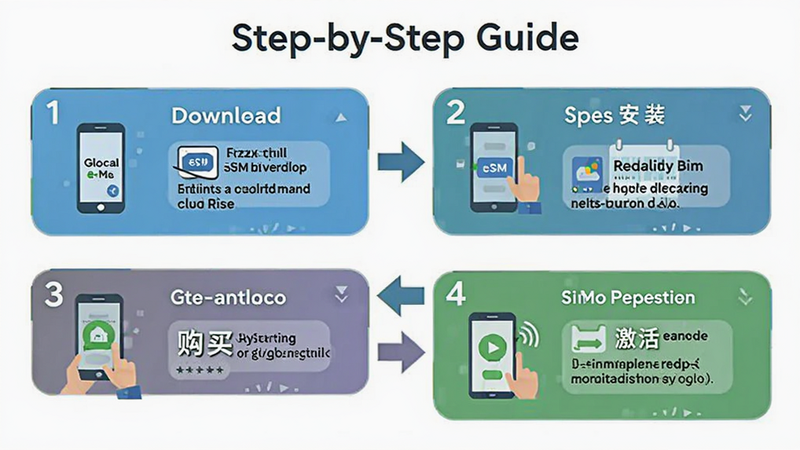 主体为 GlocalMe eSIM 使用教程步骤图,布局为纵向流程图,展示从下载、安装、购买到激活的四个关键步骤,排版清晰有序,风格为扁平化图标设计,细节包括步骤编号和箭头指引,画质清晰,干净,无多余元素,文字标注
