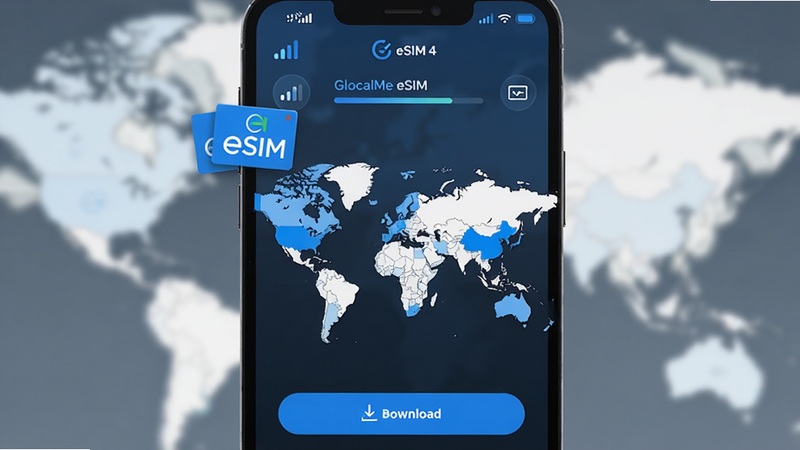 主体为 GlocalMe eSIM 手机应用界面,布局为竖屏移动端视图,中心显示世界地图背景,高亮显示已激活的国家区域,顶部有清晰的信号强度图标和剩余流量进度条,排版简洁现代,风格为科技感蓝色调,细节包括悬浮的 eSIM 卡片图标和下载按钮,画质高清,干净,无多余元素,