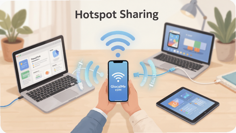 主体为 GlocalMe eSIM 热点共享场景,布局为中心辐射式,中心手机发射 Wi-Fi 信号连接周围笔记本电脑和平板,排版和谐,风格为生活化插画,细节包括连接线和数据流动效,画质柔和,干净,无多余元素,文字标注