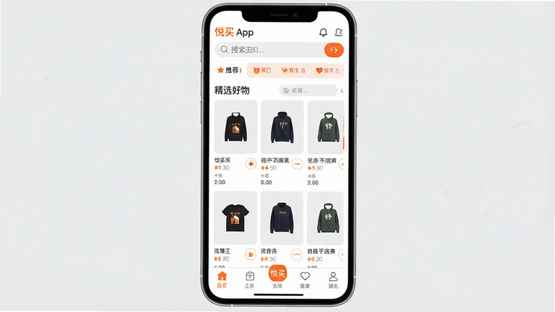 ����Ϊ����APP��������չʾ����������������Ϊ���������в�Ϊ�Ƽ���Ʒ�ٲ������ײ�Ϊ���������Ű���ñ�ƽ����ƣ�����ִ���Լ��ɫ���԰�ɫ��ǳ��ɫΪ������׺Ʒ��ɫ��ϸ�ڴ�����������ͼ������ֱ�ǩ�����ʸ��壬�ɾ��޶���Ԫ�أ�������ʾΪ�����򡱺͡���ѡ���