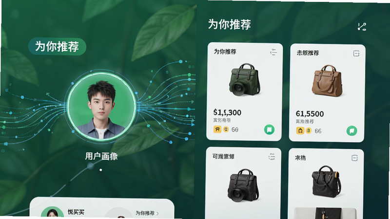 ����չʾ����APP�ĸ��Ի��Ƽ�ҳ�棬���ַ�Ϊ�������������Ϊ�û�����ʾ��ͼ���Ҳ�Ϊ��Ӧ�Ƽ�����Ʒ��Ƭ���Ű�������򣬷��Ƽ�������Ȼ�н�ϣ�ϸ�ڴ�����������������װ�Σ������������ɾ���������ʾΪ��Ϊ���Ƽ���