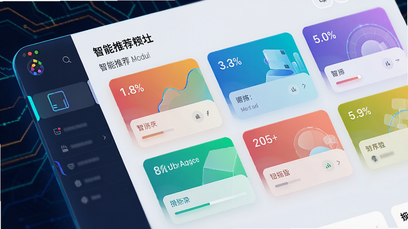 抽象化的用户界面布局,展示智能推荐模块,卡片式设计,色彩明快,布局整齐,风格科技感强,高清,干净,无多余元素
