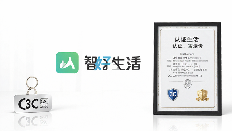 主体为智好生活APP品牌标识与认证证书展示,背景为白色简洁商务风,布局居中,排版严谨,细节包含3C标志与盾牌图标,画质高清,干净无多余元素