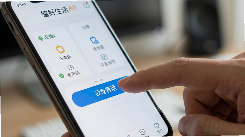 主体为手机屏幕显示智好生活APP设置界面,手指点击“设备管理”按钮,背景虚化,布局聚焦于操作手部,排版突出核心功能,风格为写实摄影感,细节清晰,画质高清,干净无多余元素