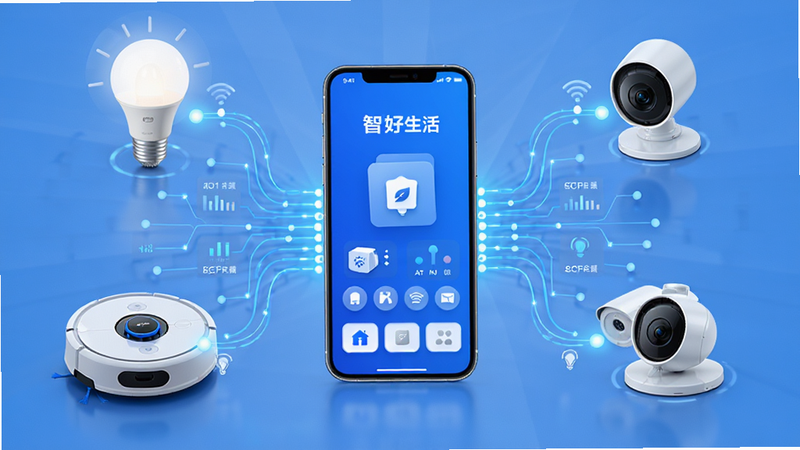 主体为智能家居联动示意图,中心是智好生活APP手机界面,周围环绕智能灯泡、扫地机器人、安防摄像头,布局呈辐射状,排版对称,风格为科技感蓝色调,细节展示数据连接线条,画质清晰,干净无多余元素