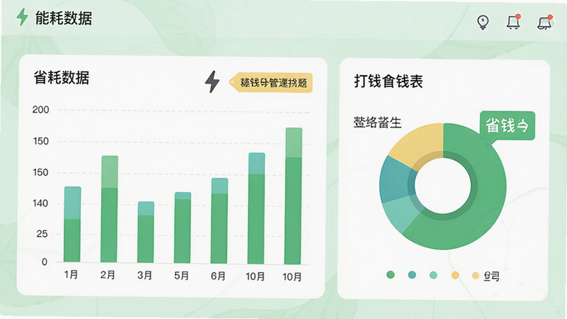 主体为能耗数据图表界面,显示柱状图与饼图,背景为淡绿色环保风格,布局清晰,排版简洁,细节包含电力符号与省钱提示标签,画质高清,干净无多余元素