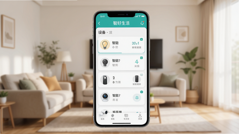 主体为智好生活APP界面截图,背景为温馨明亮的现代客厅,布局清晰展示设备列表与控制卡片,排版整齐,风格为扁平化科技感,细节包含智能灯泡、门锁、摄像头图标,画质高清,干净无多余元素