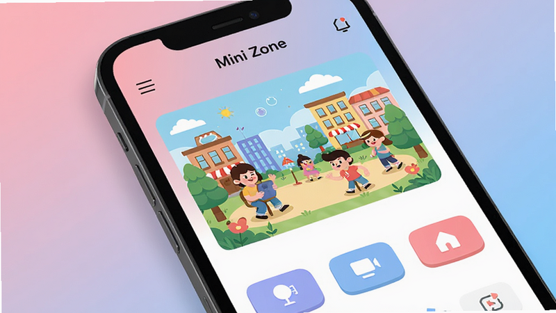 ����Ϊ�ֻ���Ļ��д����ʾ Mini Zone Ӧ�������棬����Ϊ��͵ķ���ɫ���䣬���������������е��������м��ǿ�ͨ���������������ײ��й��ܰ�ť���Ű����࣬���Ϊ��ƽ����ͨ�廭��ϸ�ڷḻ��������ͨ����ͽ��������ʸ��壬�ɾ��޶���Ԫ�أ����ְ���