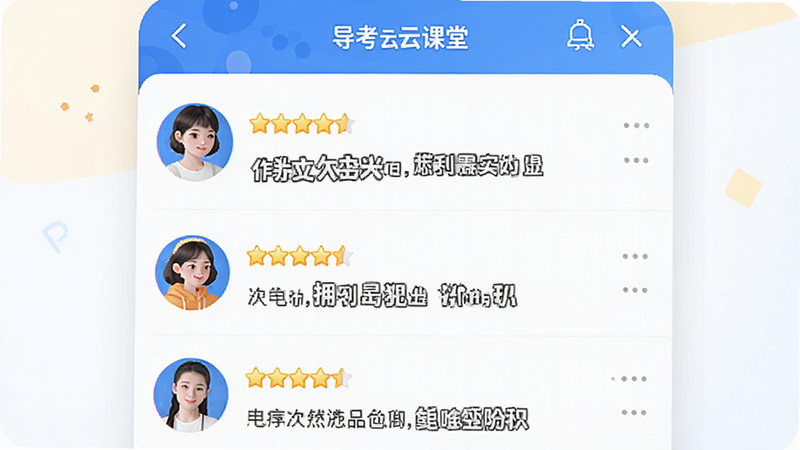 主体是导考云课堂APP的用户评价界面,布局为评论列表,每条评论包含头像、星级评分与文字内容,风格为社交化设计,色彩活泼,细节处星级图标清晰,画质高清,无多余元素