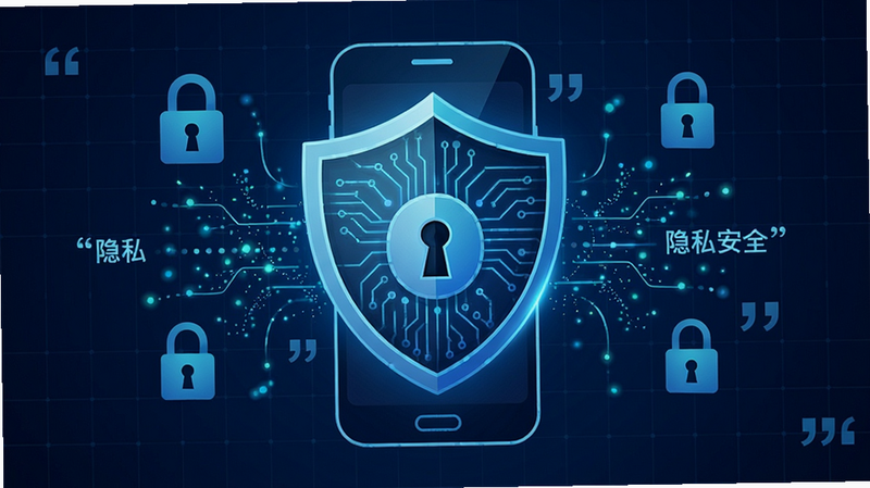 主体为盾牌形状的抽象图形叠加在手机图标上,布局为中心对称构图,背景为深蓝色科技感网格,排版展示安全锁图标与数据流线条,风格为科技安全插画,细节包括发光的电路纹理、锁孔细节、动态的数据粒子,画质高清,干净,无多余元素,文字“隐私安全”加引号