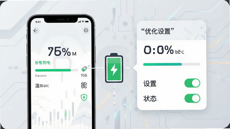 主体为手机设置界面与电池图标结合,布局为左侧手机屏幕右侧信息卡片,背景为浅灰色科技风,排版展示电量百分比、温度图标及设置开关状态,风格为扁平化信息图表,细节包括清晰的进度条、绿色的安全标识、简洁的线条连接,画质清晰,干净,无多余元素,文字“优化设置”加引号