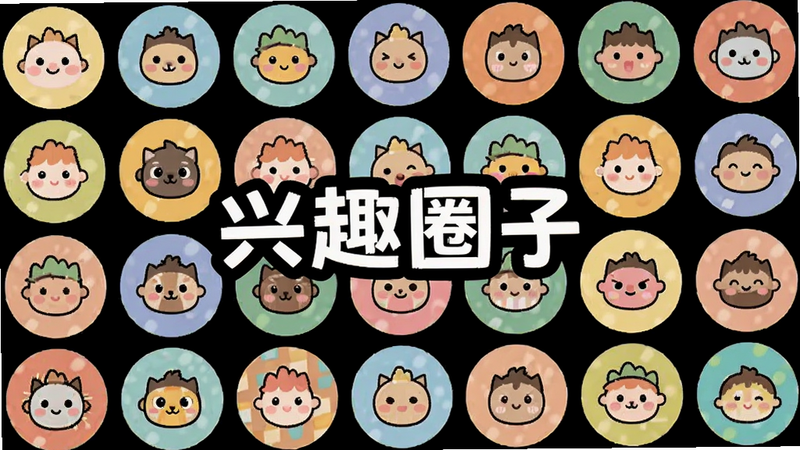 主体为多个圆形图标组成的网格布局,排版整齐,风格活泼可爱,细节清晰,画质高,干净,文字