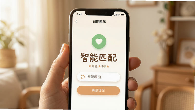 主体为匹配成功界面,布局中心突出,排版简约,风格温暖治愈,细节柔和,画质细腻,干净,文字