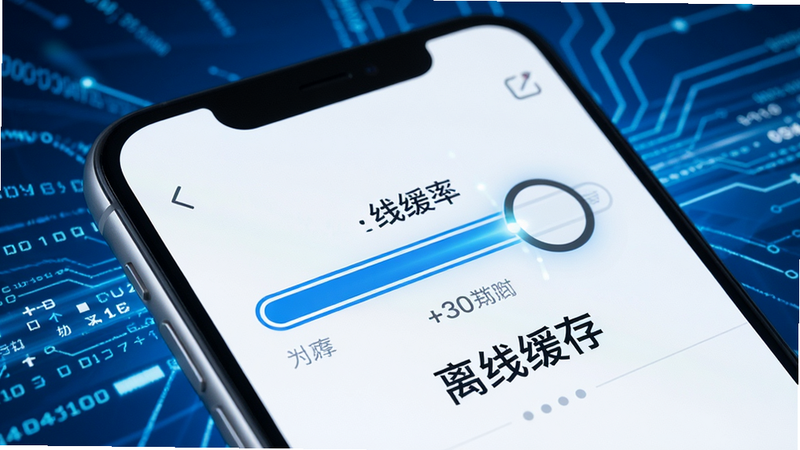 Boogu-Image风格,主体为一个手机下载界面的特写,显示进度条正在快速推进,背景为抽象的科技数据流,色调为蓝白相间,象征速度与效率,布局紧凑,细节清晰,风格现代,画质高清,无多余干扰元素,文字“离线缓存”清晰可见