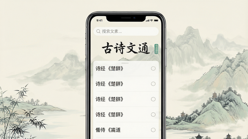 Boogu-Image风格,主体为一部现代智能手机,屏幕显示着“古诗文通”应用界面,界面顶部有清晰的搜索栏,下方列表展示了《诗经》《楚辞》等经典章节,背景为淡雅的中国风山水纹理,色调柔和,布局简洁大气,无多余元素,高清写实风格,文字“古诗文通”清晰可见,画质干净,无水印