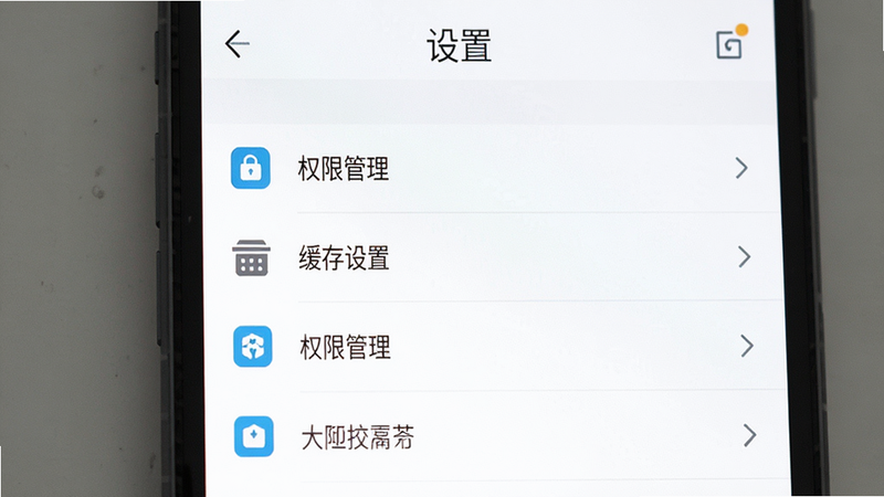 Boogu-Image风格,主体为一部手机屏幕,显示着设置界面,背景为简洁的白色,界面上有“权限管理”、“缓存设置”等选项,图标清晰,布局整齐,风格扁平化,画质高清,无多余装饰,文字“设置”清晰可见
