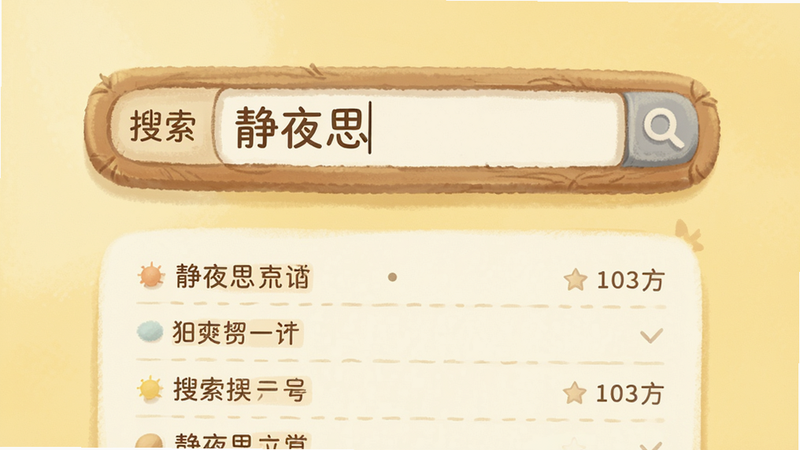 Boogu-Image风格,主体为一个搜索框,里面输入了“静夜思”,下方列表显示搜索结果,背景为浅黄色,光线柔和,布局清晰,风格温馨,画质细腻,无多余元素,文字“搜索”清晰可见