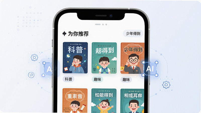 少年得到知识星球智能推荐功能展示图,主体为手机界面,显示“为你推荐”板块,布局为网格状书籍封面展示,每本书带有简短标签如