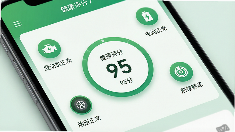 手机应用界面特写,展示车辆健康诊断页面,主体为绿色系的仪表盘UI,中间有一个大圆环显示车辆健康评分95分,周围分布着四个小图标分别代表发动机、电池、轮胎和刹车,每个图标下方有简短的状态文字,布局为网格状,风格清新简约,细节处有柔和的阴影效果,画质高清,干净无杂乱,文字内容显示为