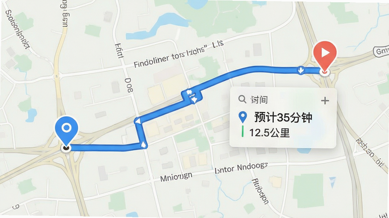 展示导航路线规划的地图界面,主体为浅色地图背景,一条蓝色的粗线代表规划路线,起点和终点有明显的标记图标,路线旁边悬浮着一个半透明的信息卡片,显示预计时间和距离,布局为全屏地图,风格为现代扁平化设计,细节处有清晰的路名标注,画质清晰锐利,干净无干扰元素,文字内容显示为