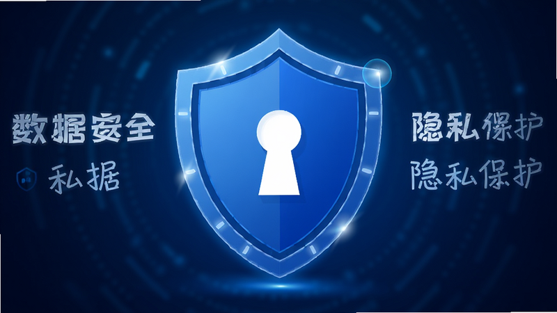 展示安全锁盾图标,主体为一个蓝色的盾牌,中间有一个白色的锁孔,背景为深蓝色渐变,布局为中心对称,风格为科技安全风,细节处有光晕效果,画质高清,干净专业,文字内容显示为