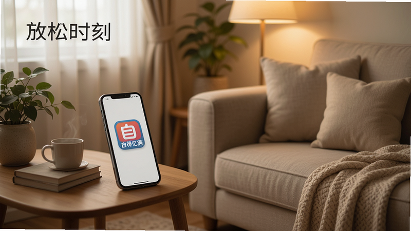 概念图展示一个舒适的沙发角落,旁边放着一部手机,屏幕上显示“自得亿满”图标,周围有柔和的光线,象征放松与休息,风格为温馨家居摄影,布局自然,细节丰富,画质高清,干净,无多余元素,文字显示“放松时刻”