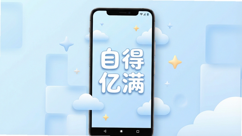 一张现代简约风格的手机应用界面展示图,主体为一部竖屏安卓手机,屏幕中央显示“自得亿满”四个大字,字体圆润可爱,背景为柔和的淡蓝色渐变色块,周围漂浮着抽象的云朵和星星元素,象征轻松与解压,整体布局居中对称,排版简洁大方,风格清新治愈,细节处有轻微的光影效果,画质高清 4K,干净无多余元素,无水印