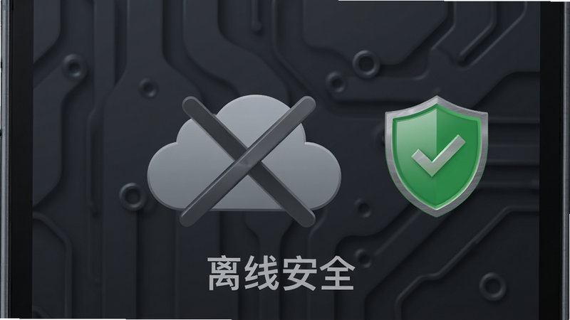 展示手机离线状态的图标,屏幕显示一个灰色的云朵加斜杠标志,旁边有一个绿色的盾牌图标象征安全,背景为深空灰,风格为极简科技风,布局左右对称,排版清晰,细节处有微弱的金属质感,画质高清,干净,无多余元素,文字显示“离线安全”