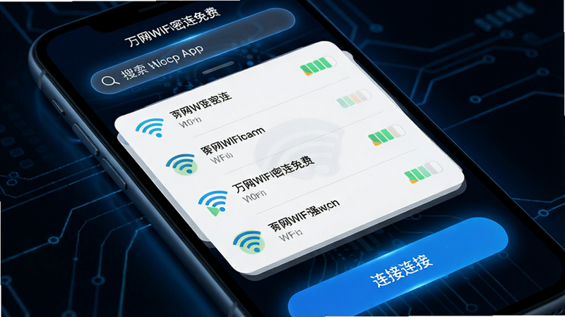 ����Ϊ�����ֻ���Ļ��д����ʾ������WiFi������ѡ�App���棬��������������Ϊ���������в��б�չʾ���WiFi�ź�ǿ��ͼ�꣬�ײ�Ϊ���Ӱ�ť������ƽ��������ƣ�ϸ�ڴ�����ɫ�Ƽ����Σ����ʸ��壬�ɾ����޶���Ԫ��