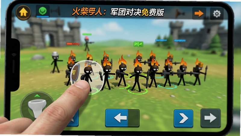 展示“火柴人:军团对决免费版”操作界面的特写图,手指正在滑动屏幕指挥火柴人军队,界面简洁,按钮布局合理,背景虚化以突出操作细节,风格现代简约,色彩对比强烈,画质清晰,无杂乱元素