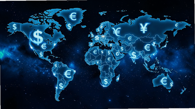 主体为世界地图背景,上面叠加了不同国家的货币符号,如美元、欧元、日元等,布局呈全球分布状,排版大气开阔,风格为科技感蓝色调,细节处货币符号带有动态发光效果,背景深邃星空感,画质高清,文字清晰,无多余杂乱元素,无水印
