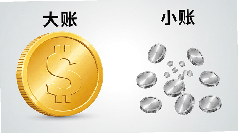 主体为概念示意图,左侧展示一个巨大的金色硬币代表“大账”,右侧展示多个散落的银色小硬币代表“小账”,布局左右对称平衡,排版简洁明了,风格为现代矢量插画风,细节处体现硬币的光泽质感,背景为柔和的浅灰色渐变,画质细腻,无多余装饰,文字标注清晰,无水印