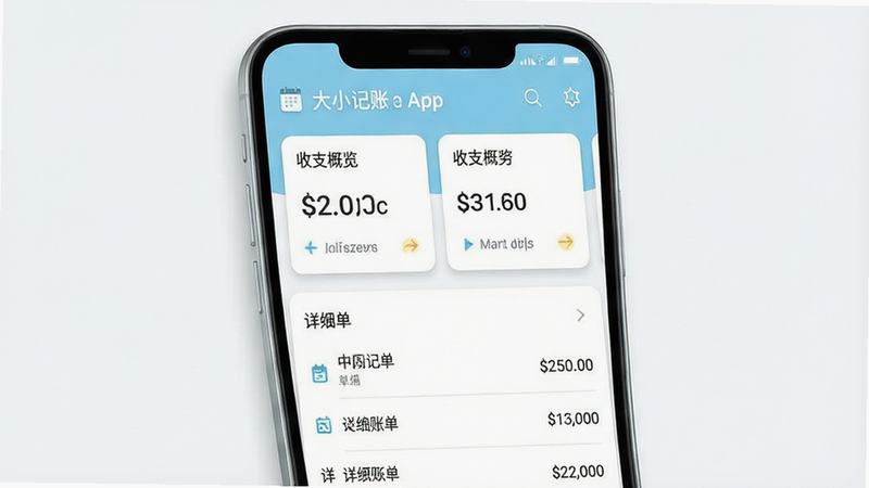 主体为一张精致的安卓手机界面展示图,屏幕中央显示“大小记账”APP的主界面,布局清晰分为上半部分的收支概览卡片和下半部分的详细账单列表,排版采用极简扁平化设计风格,色调以清新的淡蓝色和白色为主,细节处包含柔和的阴影效果以增强立体感,画质高清锐利,背景干净无多余元素,文字清晰可见,无水印