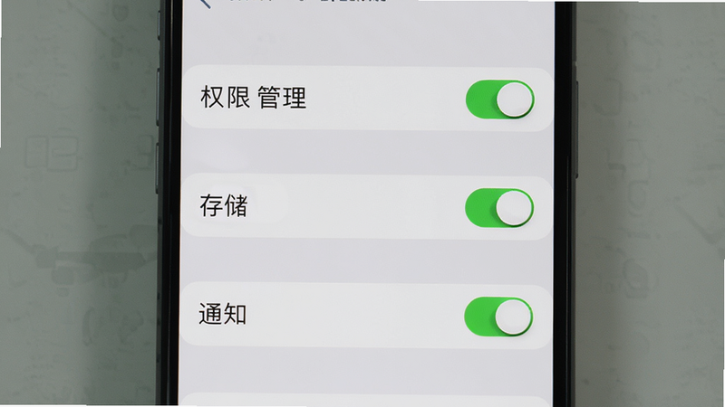 主体为手机设置界面,显示“权限管理”选项,突出显示“存储”和“通知”权限开关,布局垂直排列,排版简洁,风格为系统原生UI,细节处开关呈绿色开启状态,背景浅灰,画质清晰,文字可读性强,无多余干扰元素,无水印