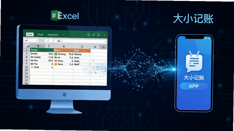 主体为电脑屏幕与手机屏幕连线示意图,展示数据从Excel表格流向手机APP的过程,布局左右连接,排版直观,风格为科技蓝色调,细节处数据流呈粒子状,背景深色,画质高清,文字标注“Excel”和“大小记账”,无多余元素,无水印