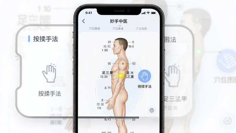 չʾ��������ҽ��APP�ڡ�Ѩλͼ�ס����ܵĽ���ͼ������Ϊ�ֻ���Ļ����ʾ�������ͼ��������ʾ�ġ������Ѩλ���Ա����С������ַ���ͼ�꣬�������ҷ������Ű����࣬����Լ�Ƽ���ϸ������Ѩλ������˵�����֣������������ɾ����޶���Ԫ��