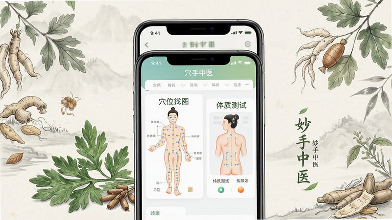һ��չʾ��������ҽ��APP�������������ͼ������Ϊ�ֻ�ģ����Ļ����ʾ��Ѩλ��ͼ���͡����ʲ��ԡ�ģ�飬����Ϊ���ŵ��в�ҩˮī����񣬲��ּ�࣬�Ű����������������Ȼ��ϸ�ڰ�����ҽԪ���簬�ݡ�Ѩλͼ�����ʸ��壬�ɾ����޶���Ԫ��