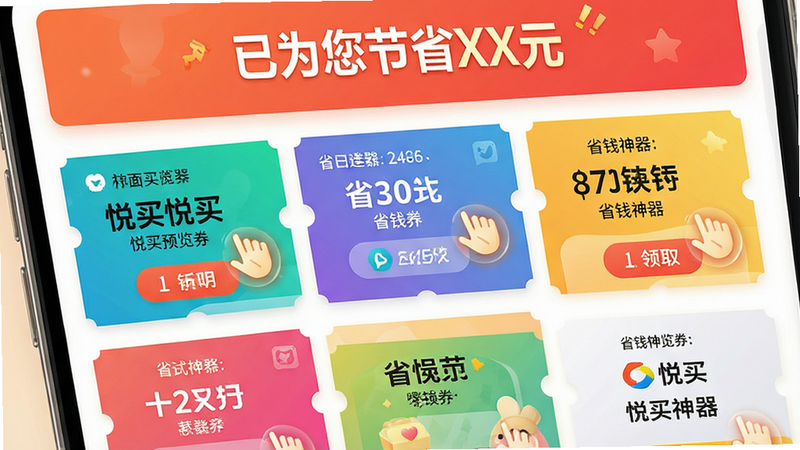 主体为悦买APP的优惠券聚合页面特写,布局为列表式结构,顶部显示“已为您节省XX元”醒目提示,中间排列多张不同面额的电子优惠券卡片,颜色鲜艳区分平台,风格温馨且具有吸引力,细节包含点击领取的动态按钮效果,画质高清,干净无杂乱背景,文字显示