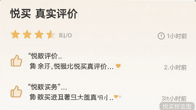 主体为悦买APP的用户评价界面,布局为评分星级与文字评论列表,背景为柔和的米白色,风格亲切可信,细节包含点赞图标与时间戳,画质细腻,干净无杂乱,文字显示
