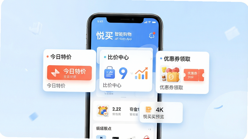 主体为悦买APP的手机界面展示,布局采用扁平化设计,背景为干净的浅蓝色渐变,排版清晰,核心功能模块如“今日特价”、“比价中心”、“优惠券领取”以卡片形式悬浮展示,风格现代简约,细节包含高保真UI图标与柔和阴影,画质4K,干净无多余元素,文字显示