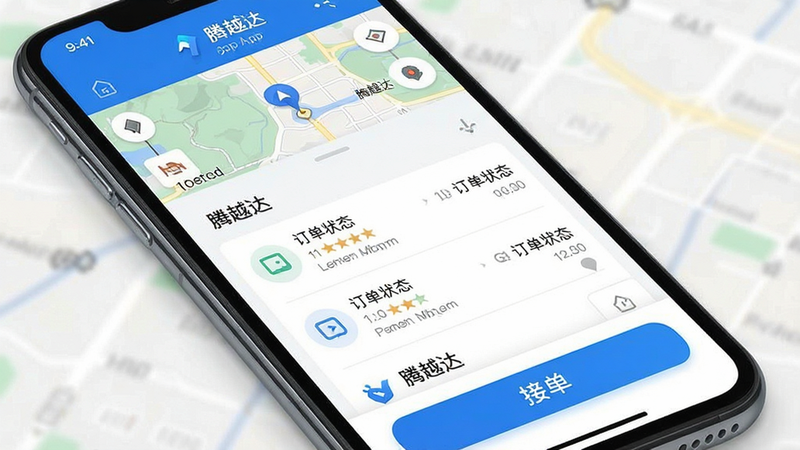 一张高清手机屏幕展示图,主体为“腾越达”APP首页界面,布局清晰,顶部显示地图导航区域,中部列表展示订单状态,底部为接单按钮,风格现代简约,蓝色主色调,细节丰富,画质清晰,干净无多余元素,文字“腾越达”清晰可见
