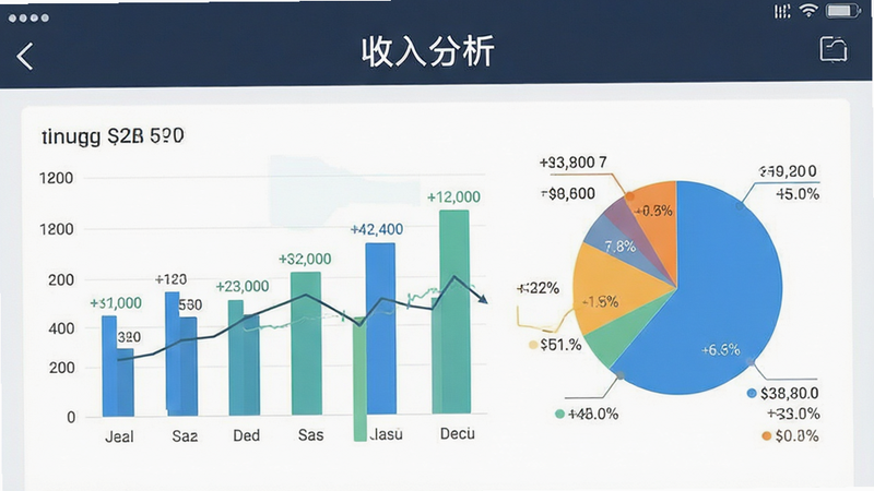 手机界面截图,显示“收入统计”页面,包含柱状图和饼图,布局整洁,风格商务简约,细节展示具体金额数字,画质清晰,干净,文字“收入分析”