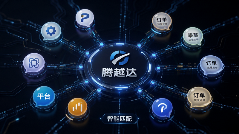 一个抽象的数据可视化图表,展示订单匹配过程,中心是“腾越达”Logo,周围环绕着代表不同平台的图标和订单气泡,布局呈辐射状,风格科技感强,细节包括数据流线条,画质高清,干净,文字“智能匹配”